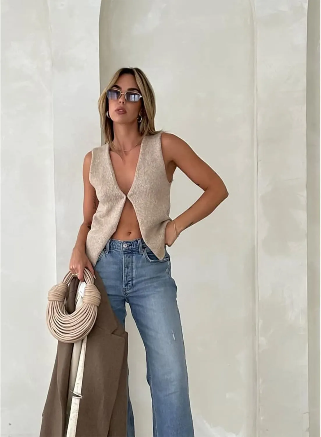 Women Vintage Crochet Vest Tank Top Y2k Sleeveless V Neck Knit Open Front Crop Top Streetwear