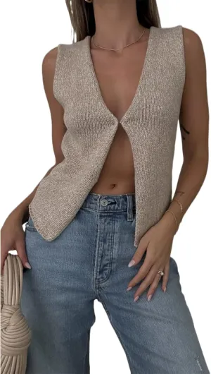 Women Vintage Crochet Vest Tank Top Y2k Sleeveless V Neck Knit Open Front Crop Top Streetwear