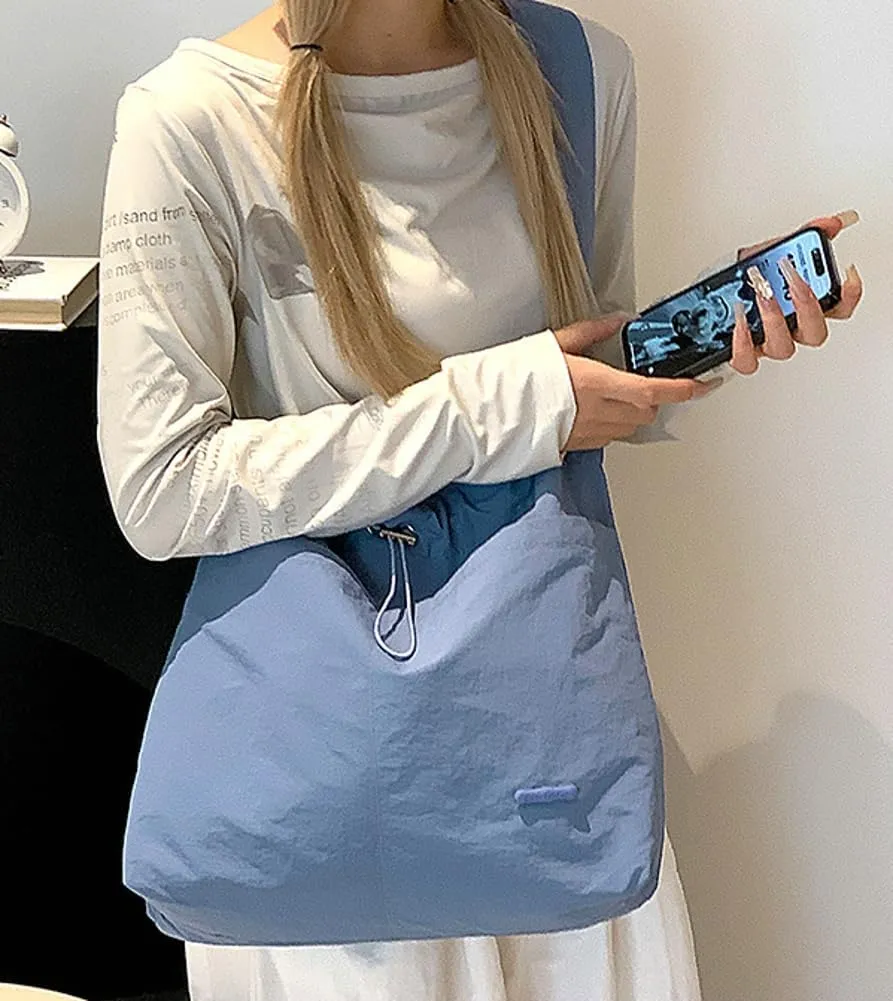 Womens Aesthetic Casual Nylon Shoulder Crossbody Bag Pleated Drawstrings Shoulder Bag Solid Color Handbag Underarm Bag