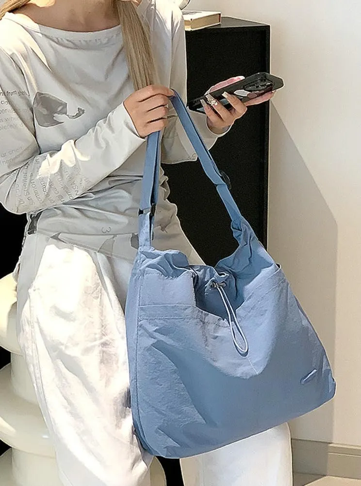 Womens Aesthetic Casual Nylon Shoulder Crossbody Bag Pleated Drawstrings Shoulder Bag Solid Color Handbag Underarm Bag