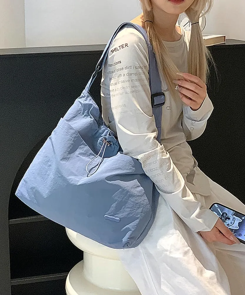 Womens Aesthetic Casual Nylon Shoulder Crossbody Bag Pleated Drawstrings Shoulder Bag Solid Color Handbag Underarm Bag