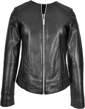 Women's Aviator Collarless Leather Jacket, Black, Size 16