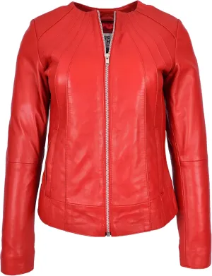 Women's Aviator Collarless Leather Jacket, Red, Size 10