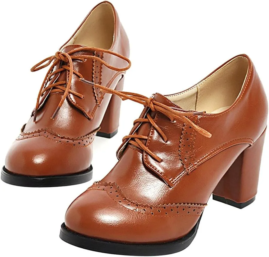 Women's Chunky Heeled Oxfords Leather Vintage Lace-up Brogue Comfortable Wingtip High Heel Pumps