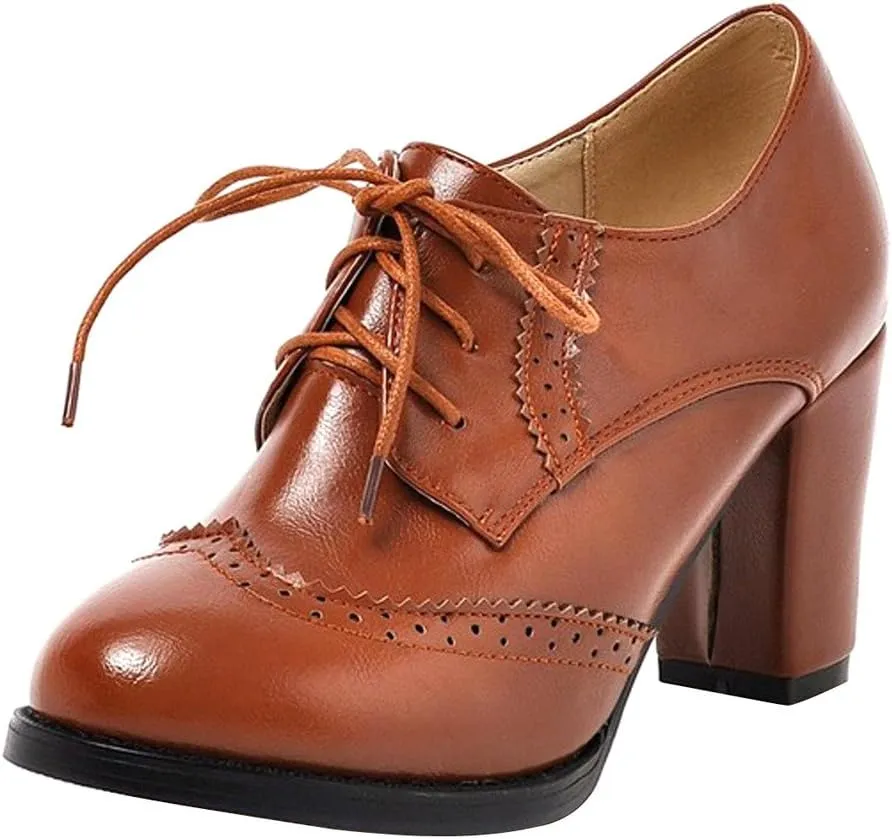 Women's Chunky Heeled Oxfords Leather Vintage Lace-up Brogue Comfortable Wingtip High Heel Pumps