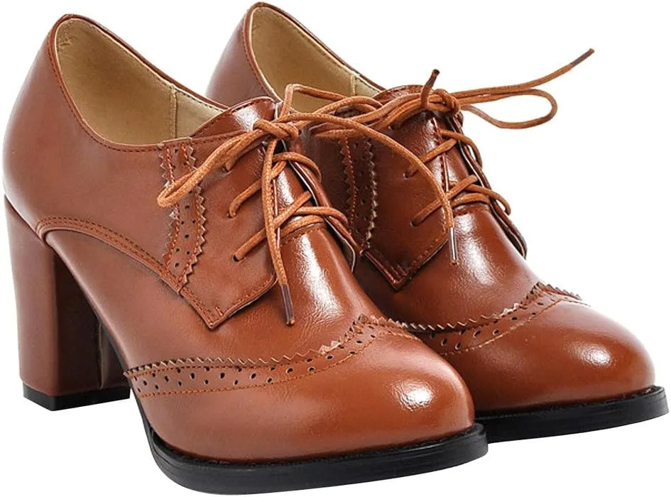 Women's Chunky Heeled Oxfords Leather Vintage Lace-up Brogue Comfortable Wingtip High Heel Pumps
