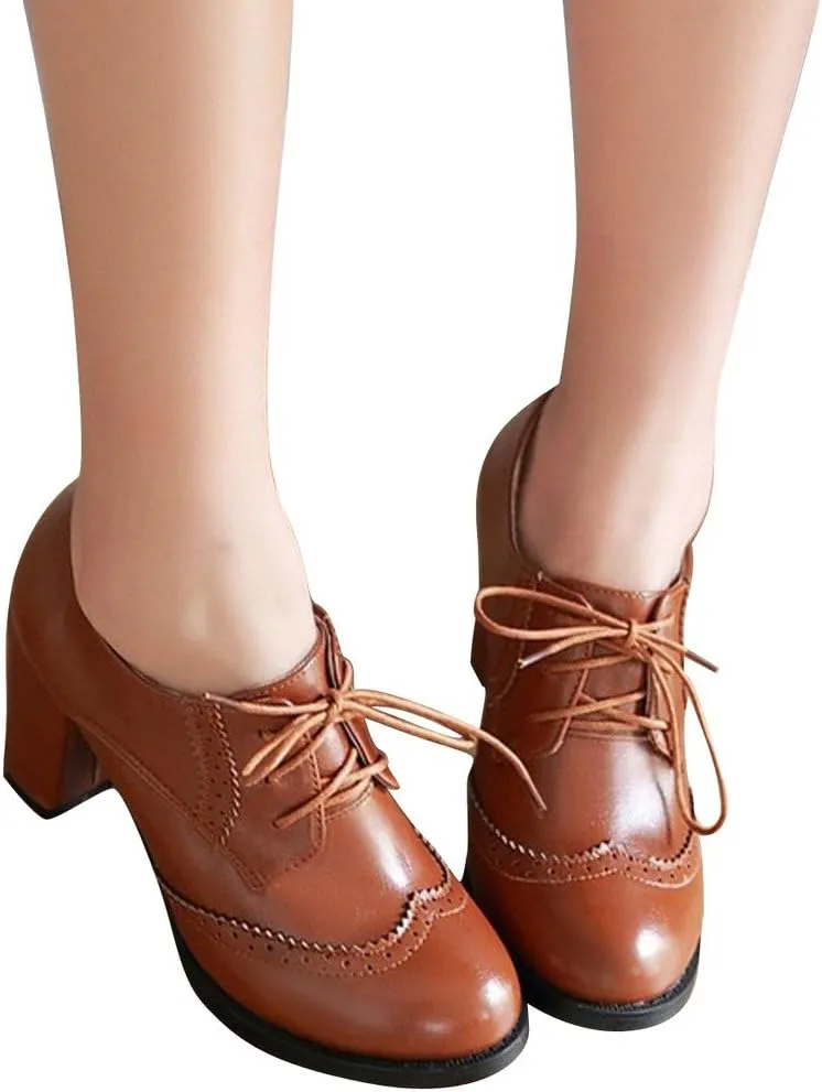 Women's Chunky Heeled Oxfords Leather Vintage Lace-up Brogue Comfortable Wingtip High Heel Pumps