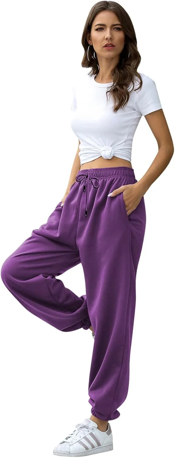 Womens Cinch Bottom Sweatpants Pockets High Waist Sporty Gym Athletic Fit Jogger Pants Lounge Trousers