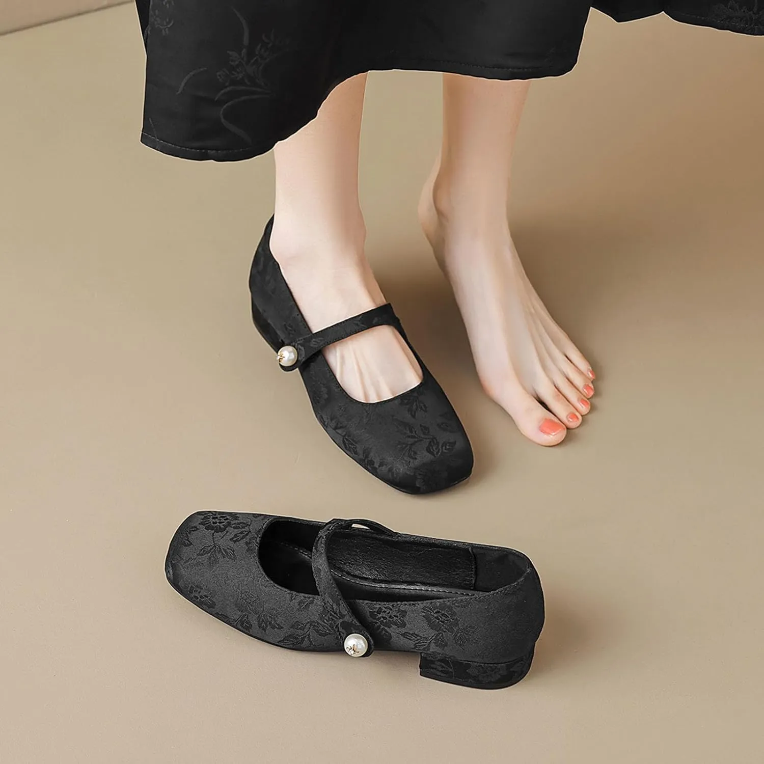Women's Classic Elegant Square Toe Chunky Heel Mary Jane Shoes Fashionable and Comfortable Soft Sole Buckle Casual Low-Heeled Shoes
