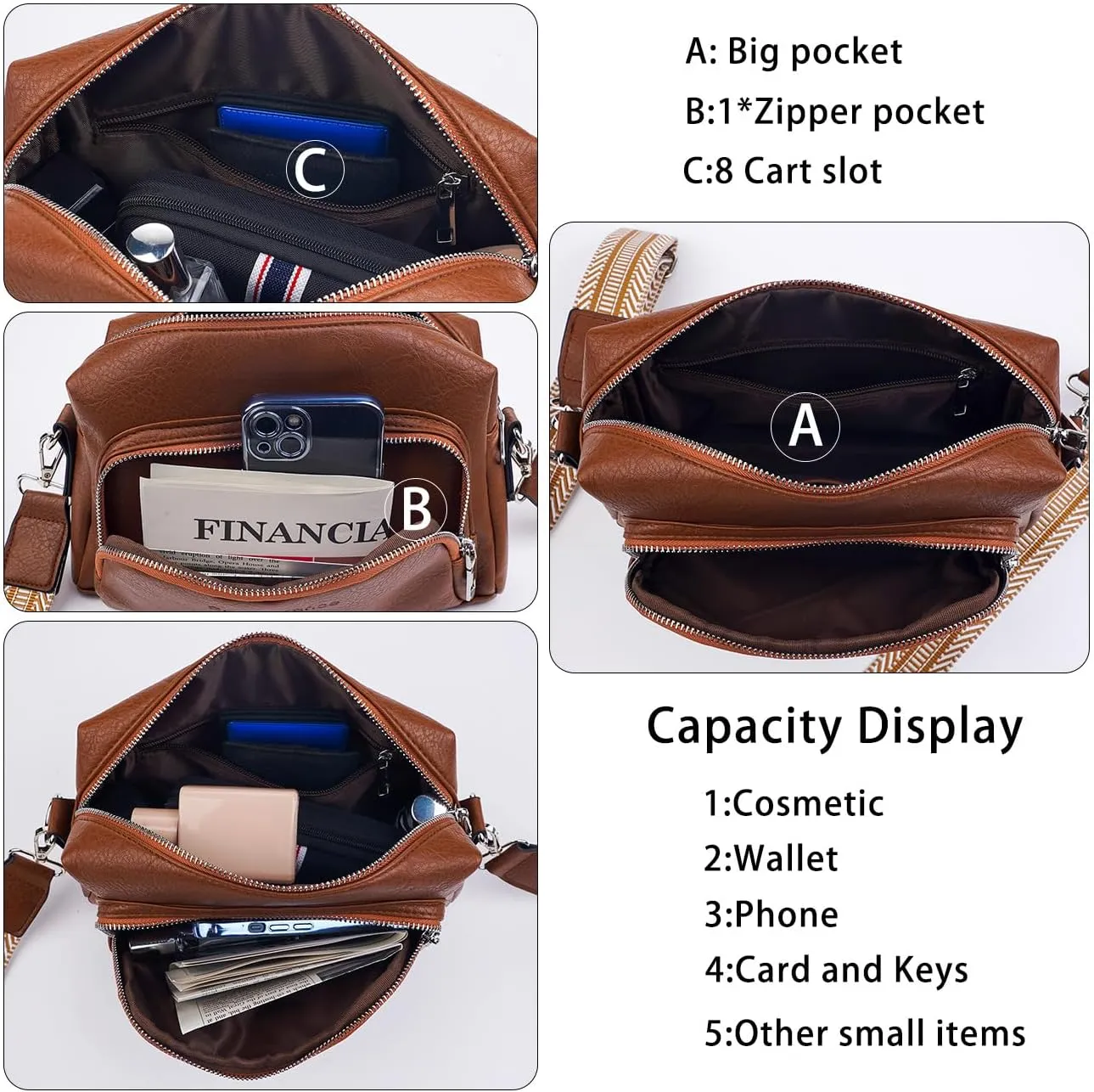 Women's Crossbody Handbags Vegen Leather Purses 2Pcs Hobo Purse Bags Wallet Set with 2 Adjustable Guitar Strap