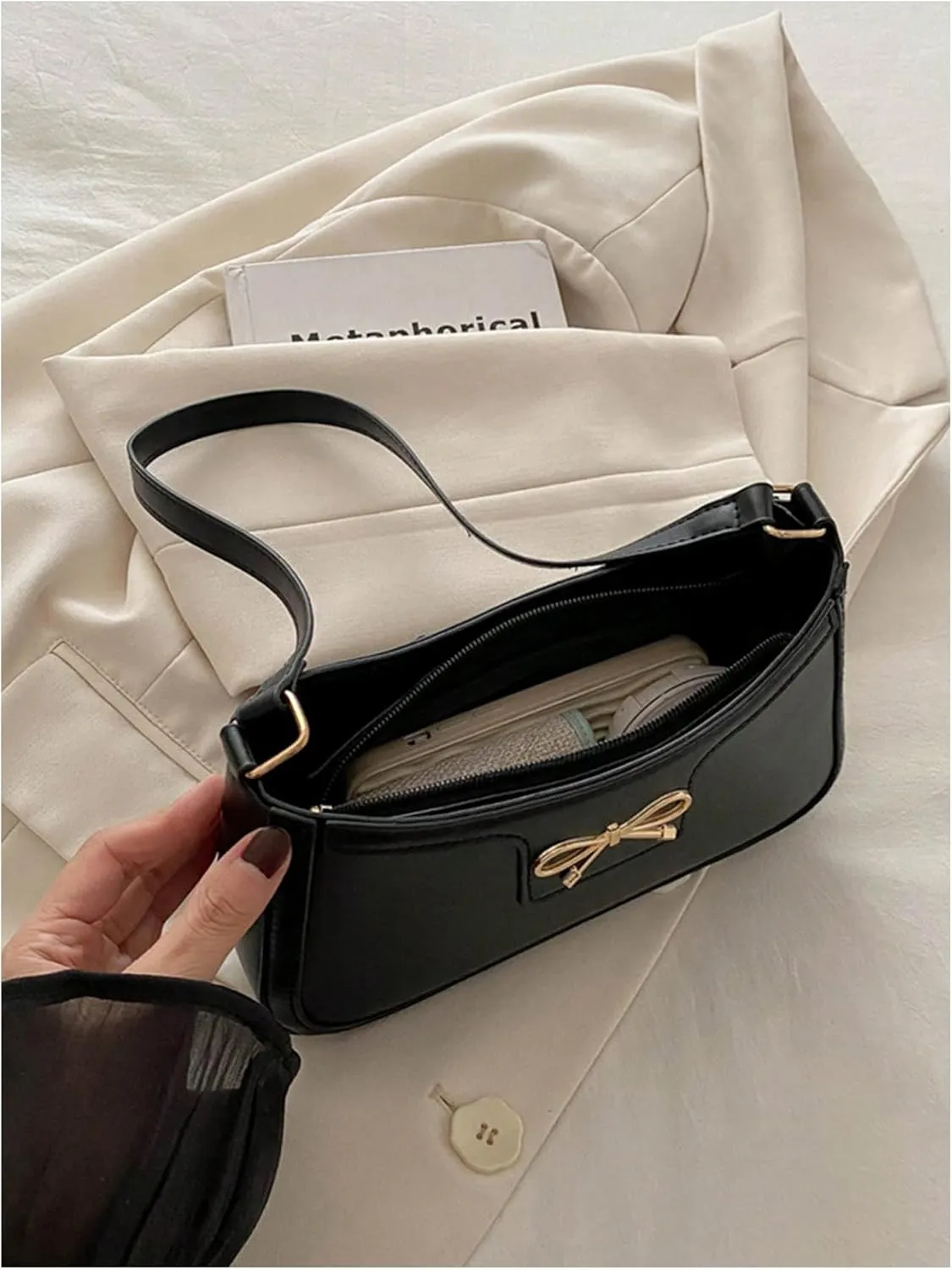 Women's Elegant Bowknot Zipper Handbags PU Leather Small Underarm Shoulder Bag Casual Purse