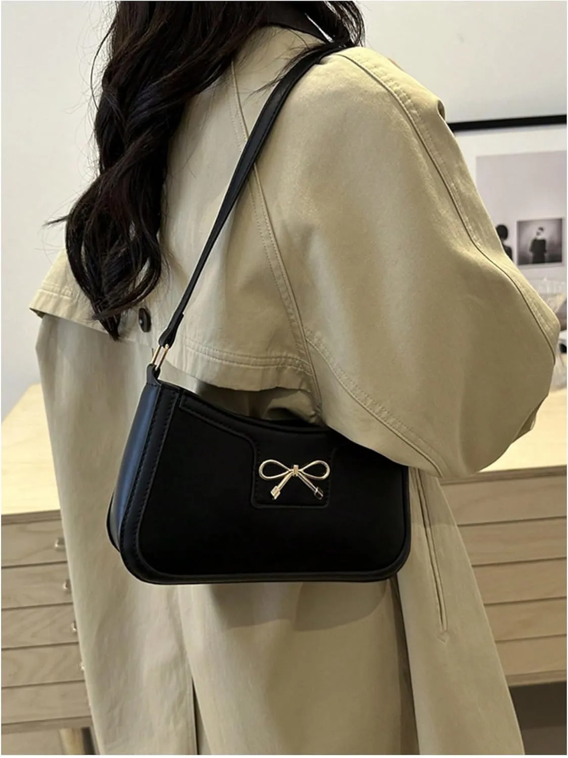 Women's Elegant Bowknot Zipper Handbags PU Leather Small Underarm Shoulder Bag Casual Purse