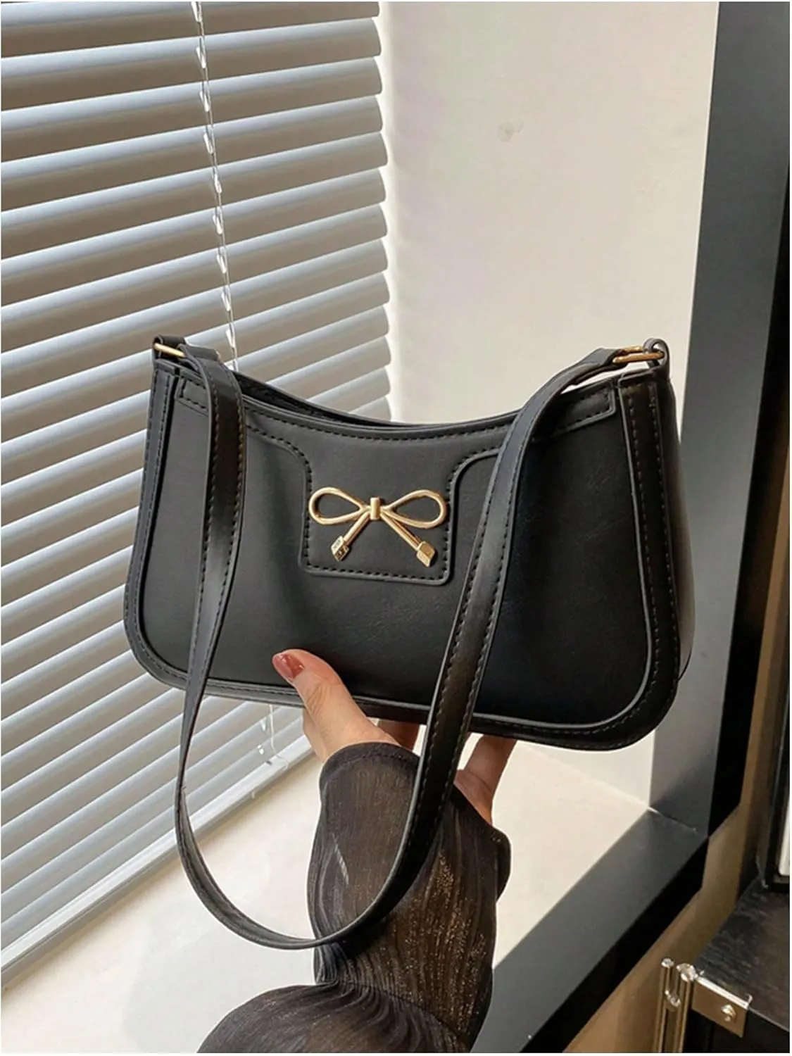 Women's Elegant Bowknot Zipper Handbags PU Leather Small Underarm Shoulder Bag Casual Purse