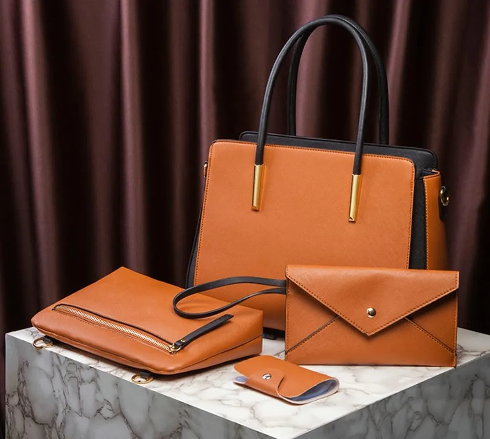 Womens Fashion Vegan Leather Handbags Tote Bag Shoulder Crossbody Bag Work Top Handle Satchel Purse Set 4pcs
