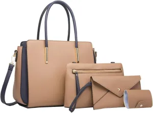 Womens Fashion Vegan Leather Handbags Tote Bag Shoulder Crossbody Bag Work Top Handle Satchel Purse Set 4pcs
