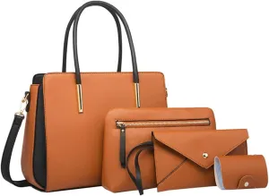 Womens Fashion Vegan Leather Handbags Tote Bag Shoulder Crossbody Bag Work Top Handle Satchel Purse Set 4pcs