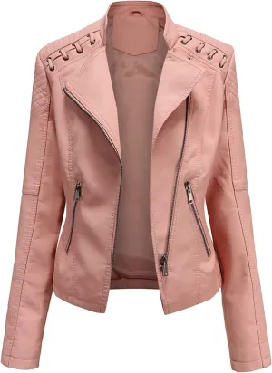 Women's Faux Leather Moto Jacket Slim Thin Leather Jacket