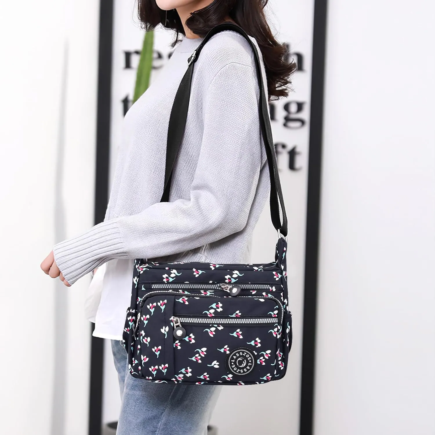 Women's Nylon Crossbody Bag Waterproof Shoulder Purse Multi Pocket Tote Handbag Travel Satchel Messenger Bag