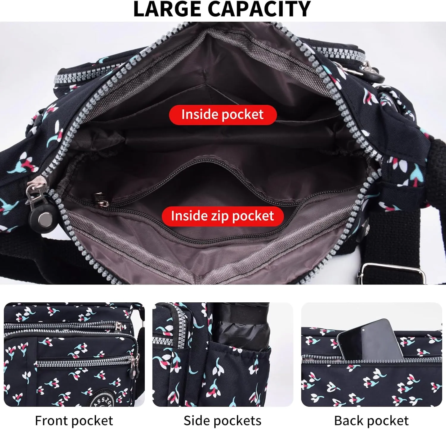 Women's Nylon Crossbody Bag Waterproof Shoulder Purse Multi Pocket Tote Handbag Travel Satchel Messenger Bag