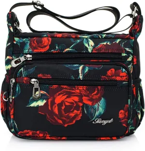 Womens Nylon Floral Shoulder Bag Crossbody Bag Messenger Bags Travel Handbags With Adjustable Strap Waterproof