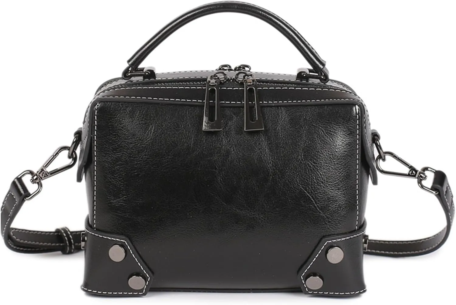 Women's Oil Wax Top Handle Satchel Bag Genuine Leather Crossbody Rivet Stitching Shoulder Bag Retro Handbag and Purse，bag396OWOISS
