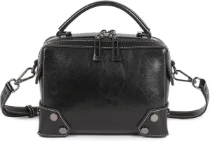 Women's Oil Wax Top Handle Satchel Bag Genuine Leather Crossbody Rivet Stitching Shoulder Bag Retro Handbag and Purse，bag396OWOISS