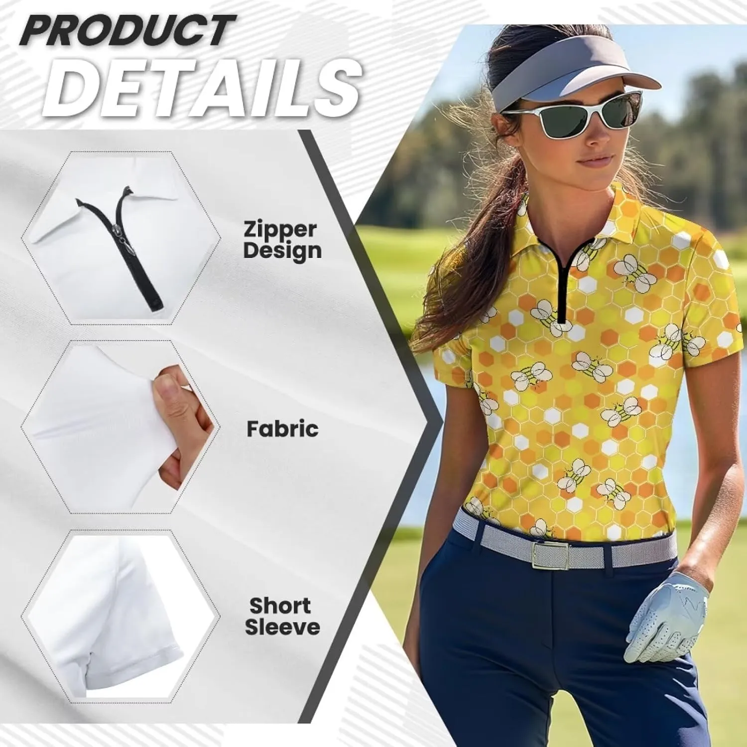 Women's Short Sleeve Golf Shirts Sun Protection Tops Quick Dry Athletic Tennis T-Shirt Quarter Zip Golf Tees XS-XXL