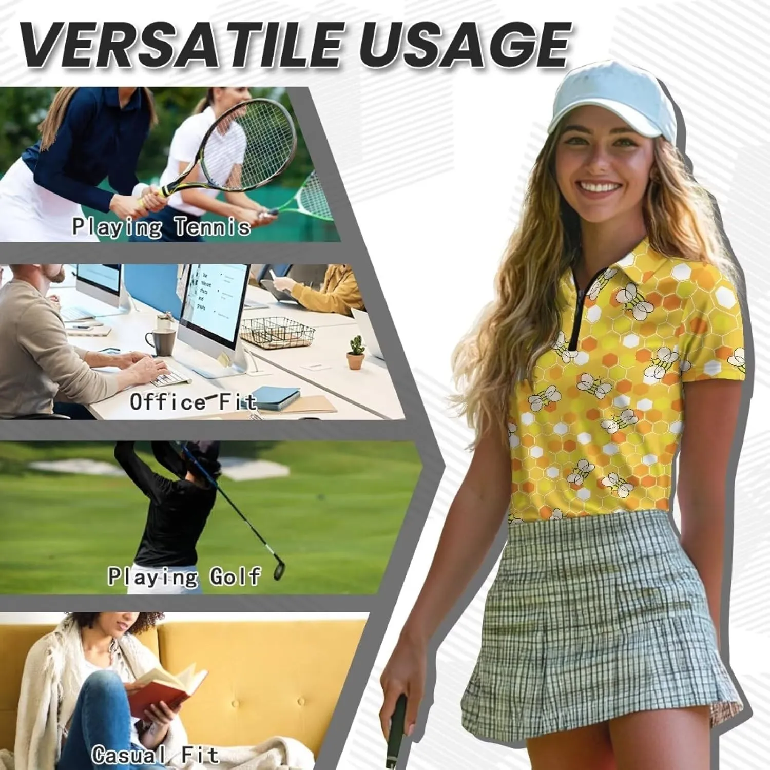 Women's Short Sleeve Golf Shirts Sun Protection Tops Quick Dry Athletic Tennis T-Shirt Quarter Zip Golf Tees XS-XXL