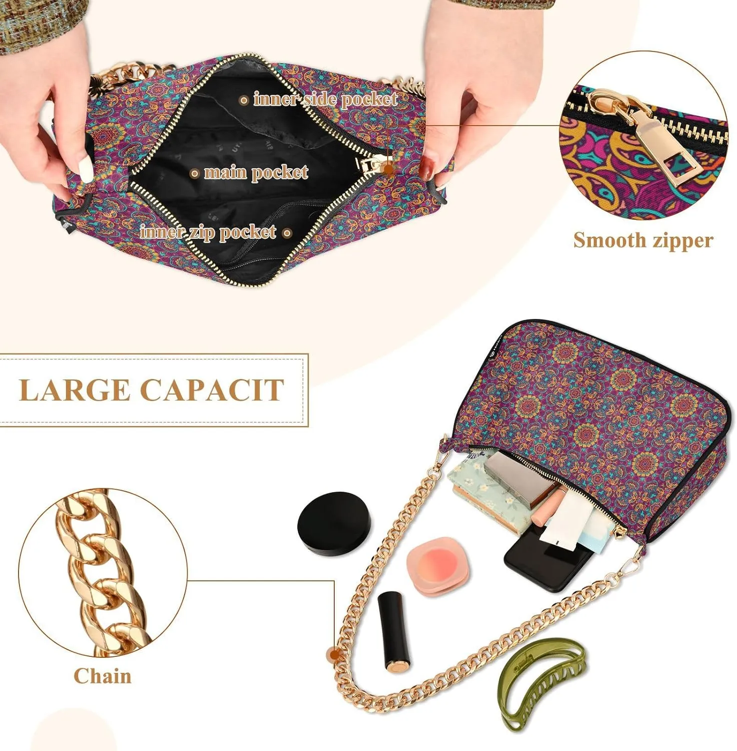 Women's Shoulder Handbags Chain Shoulder Brace for Women Bag Vintage Print Ladies Vacation Handbags Tote Purse,Multi1