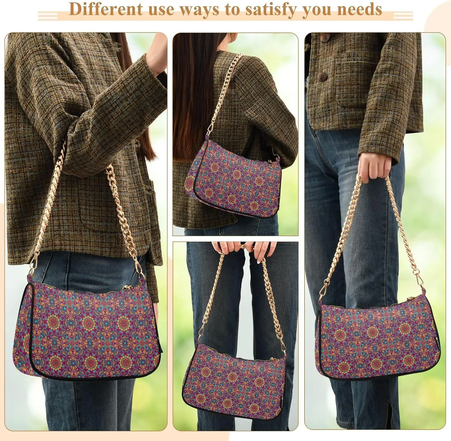 Women's Shoulder Handbags Chain Shoulder Brace for Women Bag Vintage Print Ladies Vacation Handbags Tote Purse,Multi1