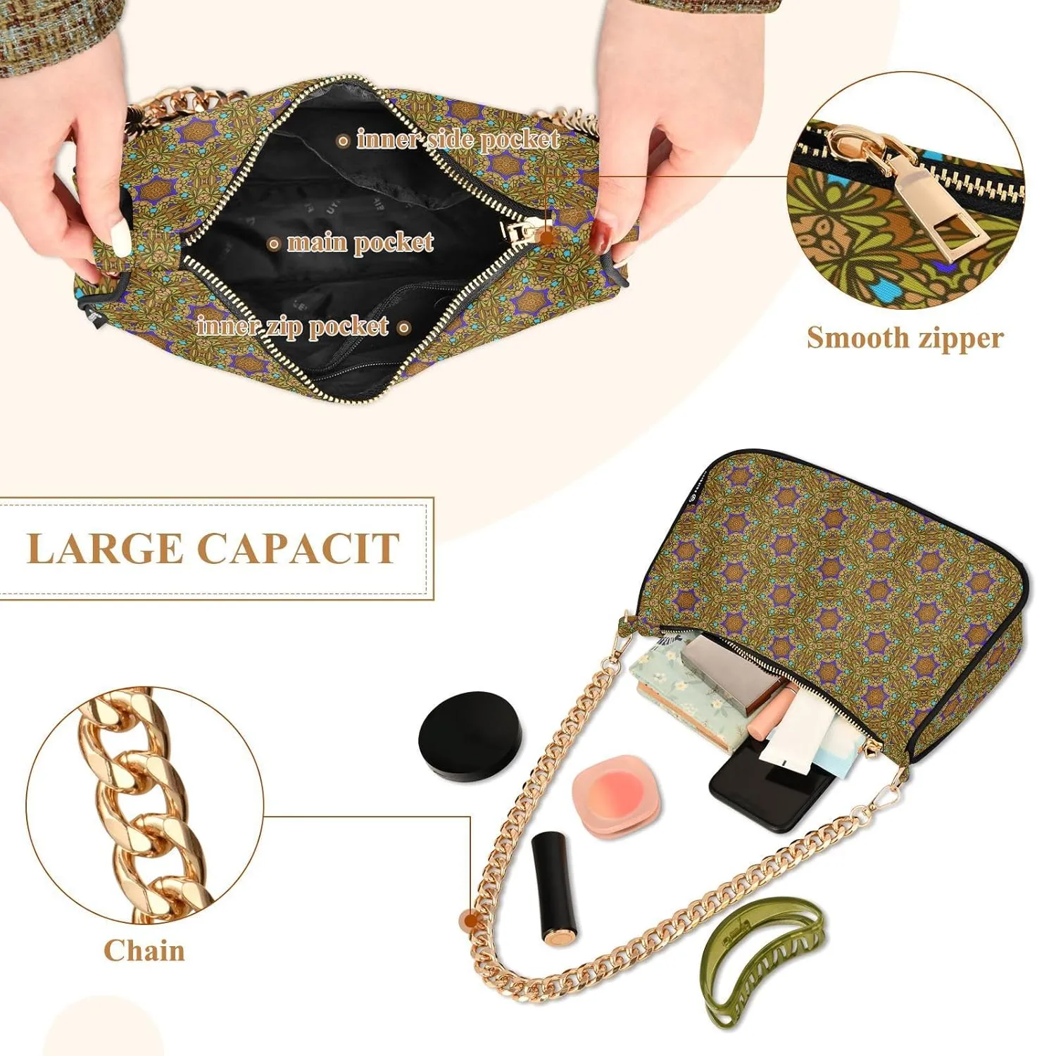 Women's Shoulder Handbags Chain Shoulder Brace for Women Bag Vintage Print Ladies Vacation Handbags Tote Purse,Multi1