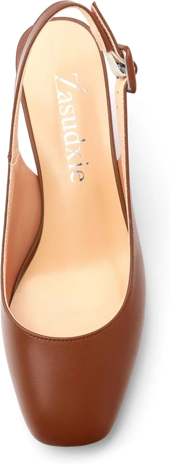 Women's Slingback Low Chunky Heels Square Toe Block Heels for Women Closed Toe Comfortable Casual Wedding Work Pumps 2 Inch