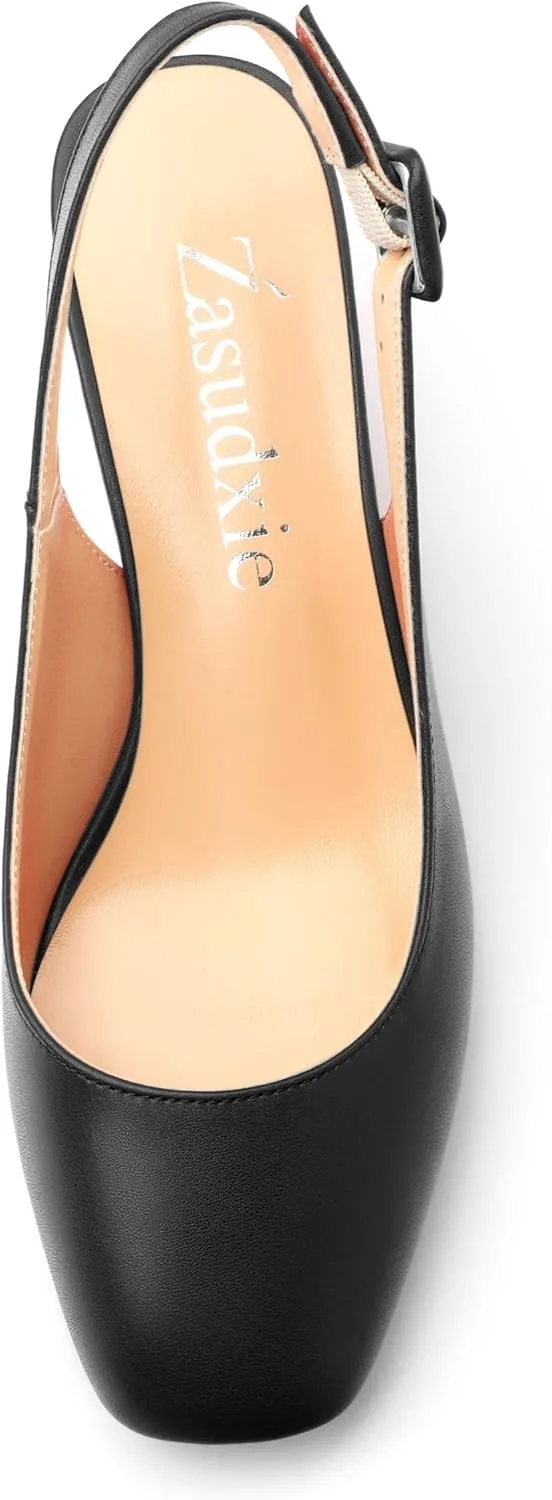 Women's Slingback Low Chunky Heels Square Toe Block Heels for Women Closed Toe Comfortable Casual Wedding Work Pumps 2 Inch