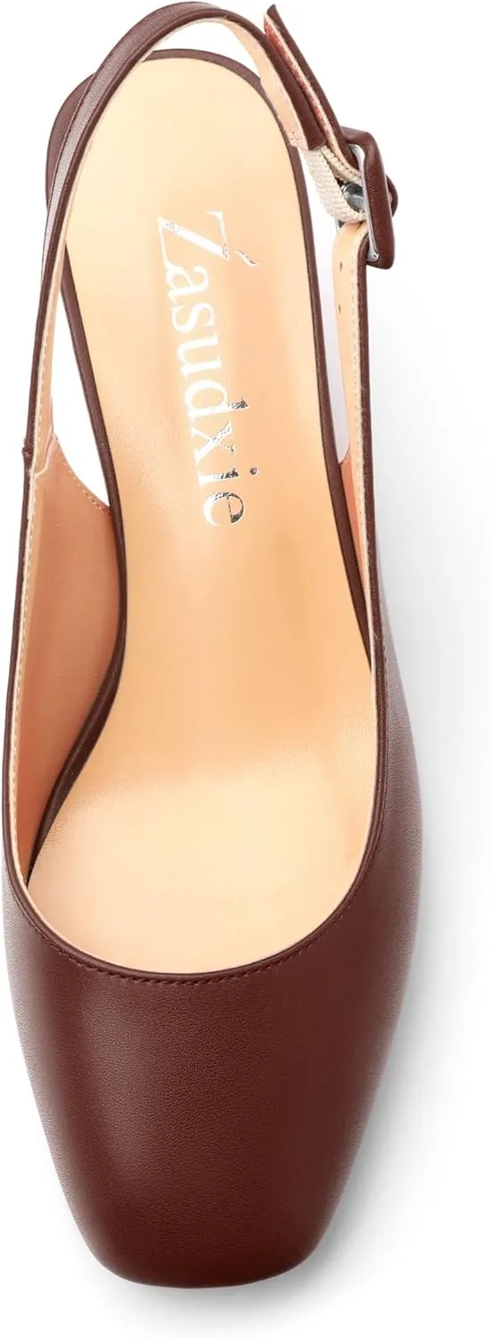 Women's Slingback Low Chunky Heels Square Toe Block Heels for Women Closed Toe Comfortable Casual Wedding Work Pumps 2 Inch