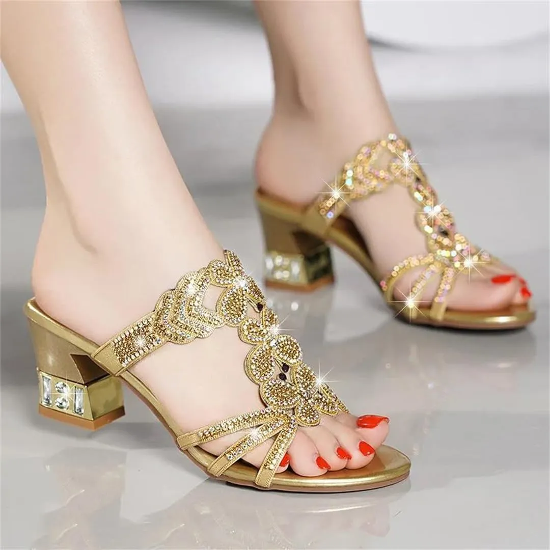 Womens Slip-On Square Heel Open Side Vamp Gladiator Sandals Genuine Leather Bohemian Rhinestone Summer Sandals