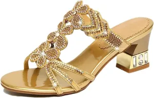 Womens Slip-On Square Heel Open Side Vamp Gladiator Sandals Genuine Leather Bohemian Rhinestone Summer Sandals