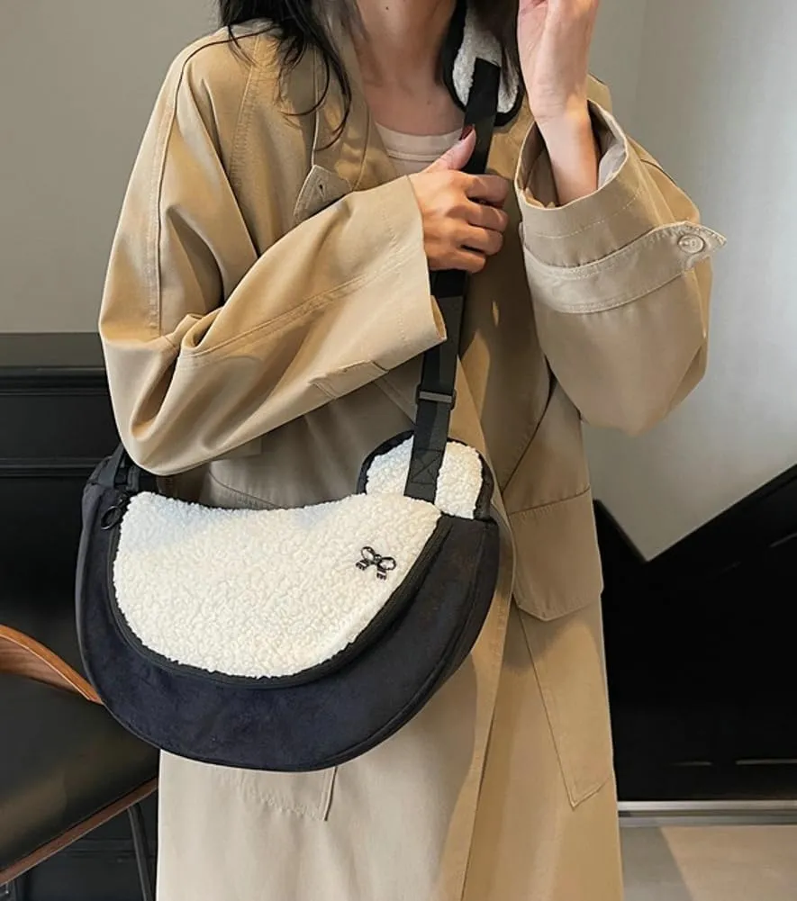 Womens Stylish Plush Dumpling Purse Large Crossbody Shoulder Bag Adjustable Strap Cute Furry Tote Handbags