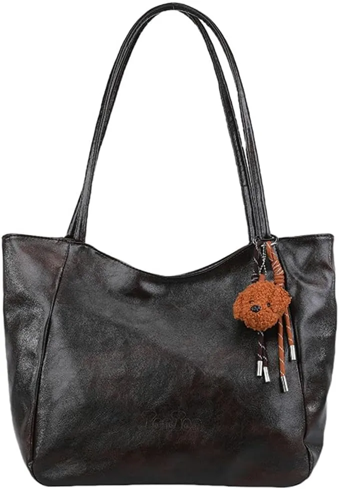 Womens Tote Bags Vintage Top Handle Satchel Handbags Vegan Leather Tote Bag with Cute Pendant Shoulder Purse