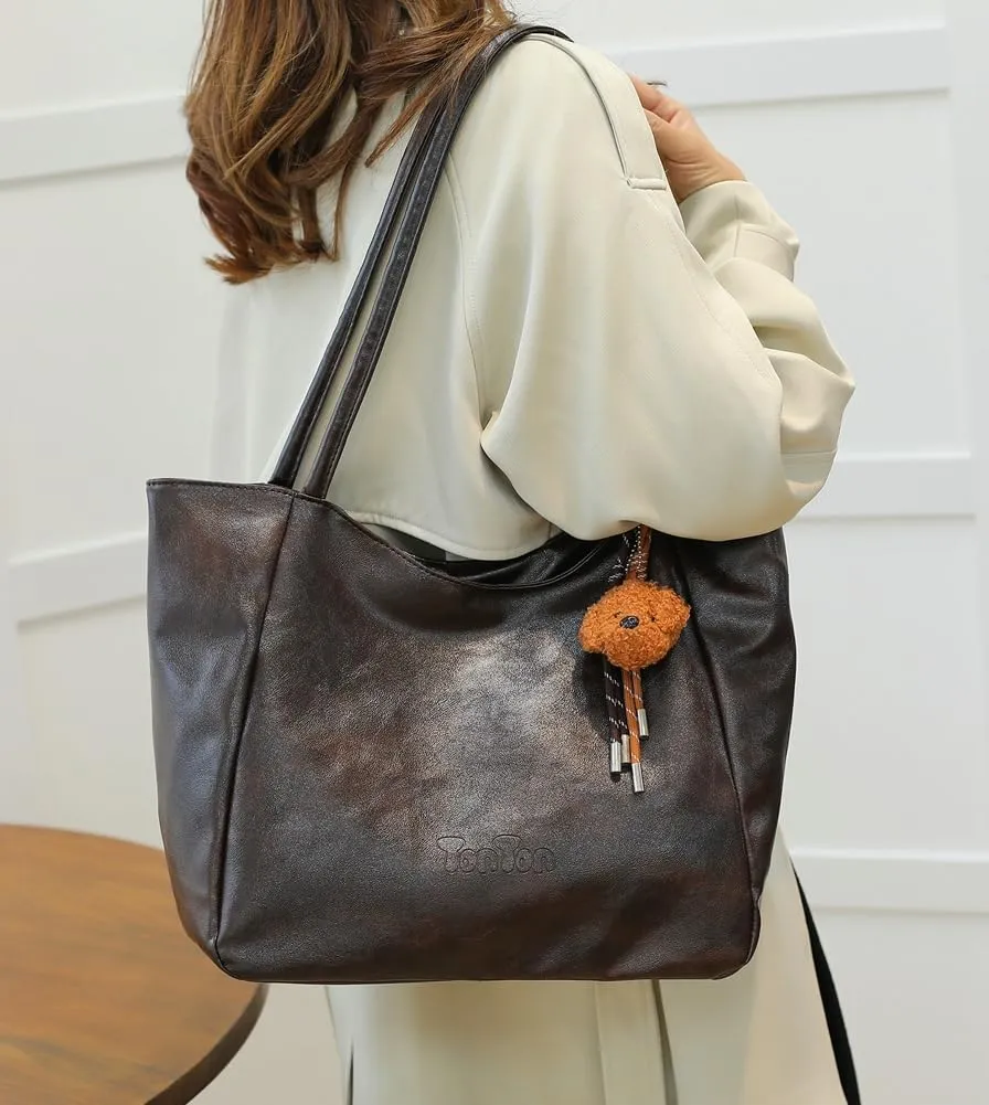 Womens Tote Bags Vintage Top Handle Satchel Handbags Vegan Leather Tote Bag with Cute Pendant Shoulder Purse