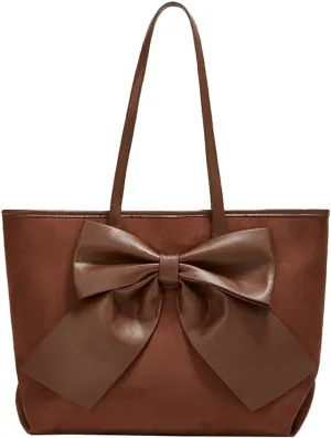Women's Vegan Leather Shoulder Bag Large Tote Purse Cute Bow Handbags Trendy Working Top Handle Satchel