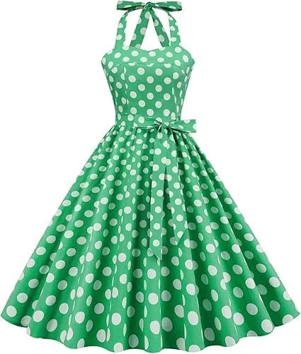Women's Vintage Polka Dot Halter Dress 1950s Retro Audrey Hepburn Style Dress Summer Swing Prom Cocktail Outfit
