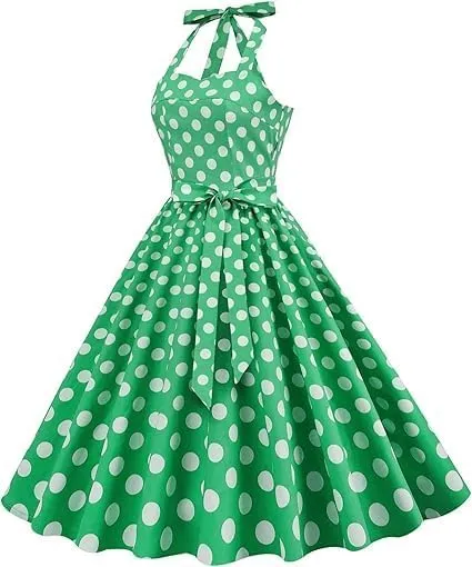 Women's Vintage Polka Dot Halter Dress 1950s Retro Audrey Hepburn Style Dress Summer Swing Prom Cocktail Outfit