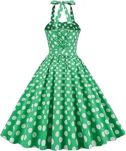 Women's Vintage Polka Dot Halter Dress 1950s Retro Audrey Hepburn Style Dress Summer Swing Prom Cocktail Outfit