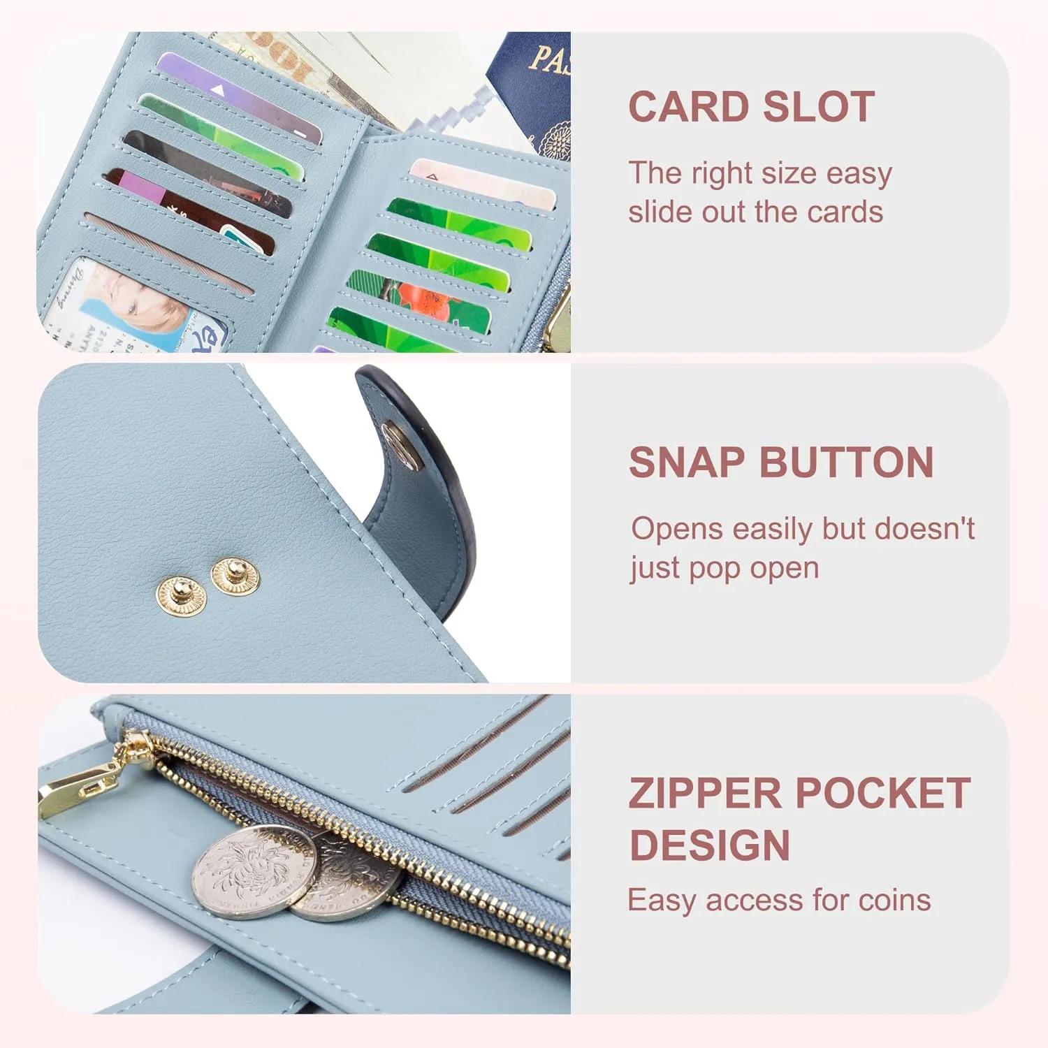 Womens Wallet RFID Blocking Vegan Leather Trifold Clutch Credit Card Holder Ladies Travel Wallet Purse with Pen Holder