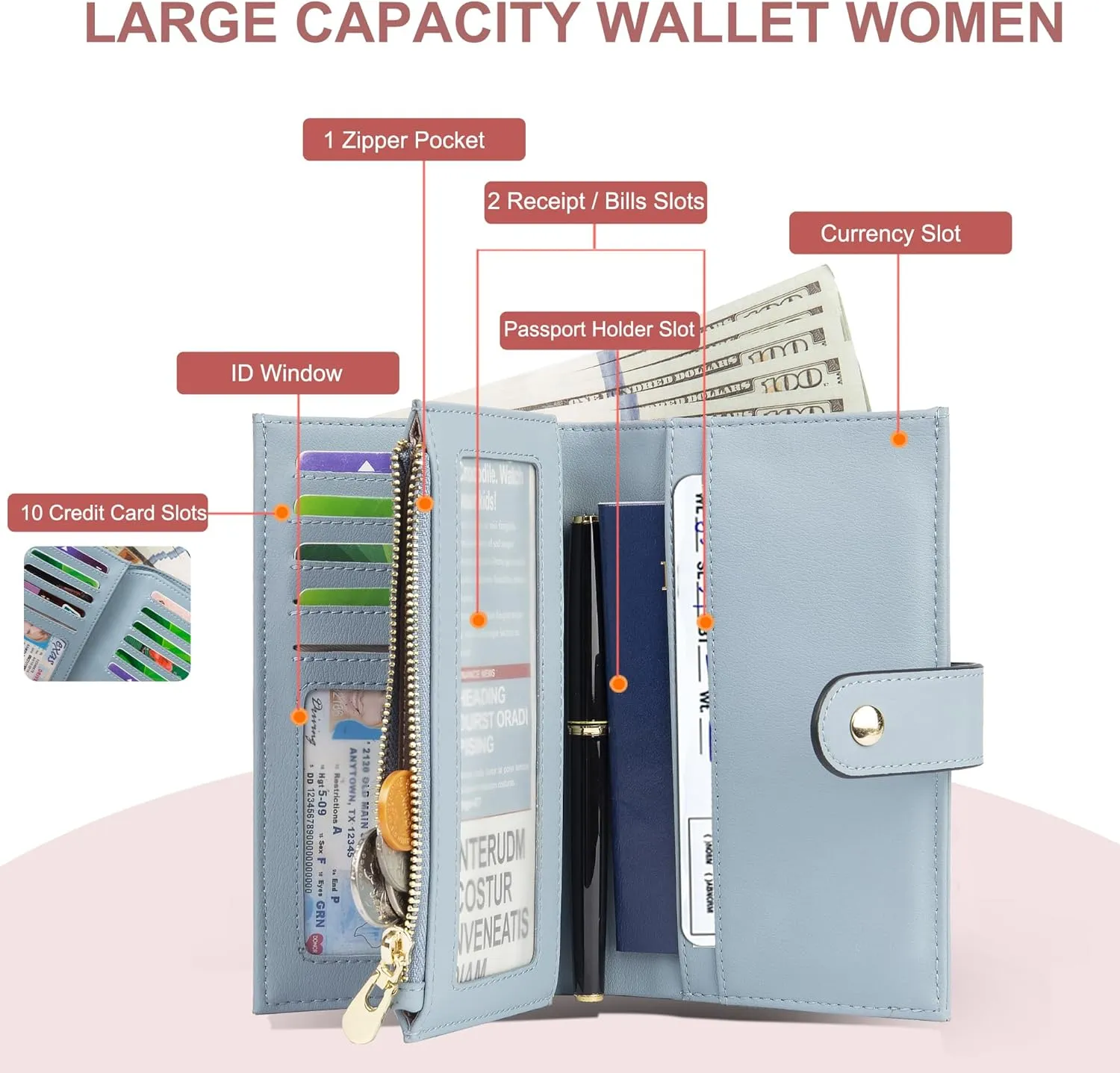 Womens Wallet RFID Blocking Vegan Leather Trifold Clutch Credit Card Holder Ladies Travel Wallet Purse with Pen Holder