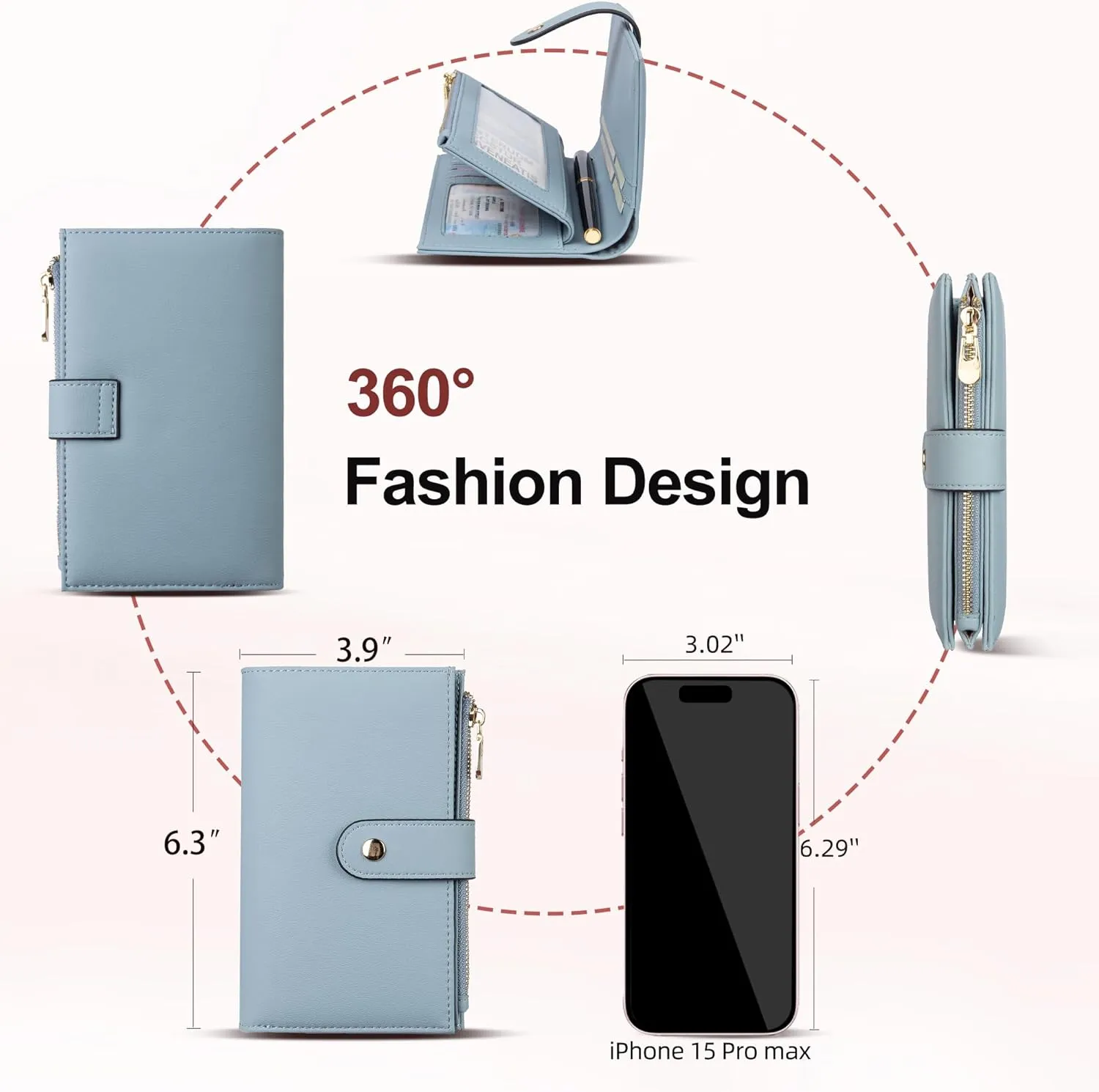 Womens Wallet RFID Blocking Vegan Leather Trifold Clutch Credit Card Holder Ladies Travel Wallet Purse with Pen Holder
