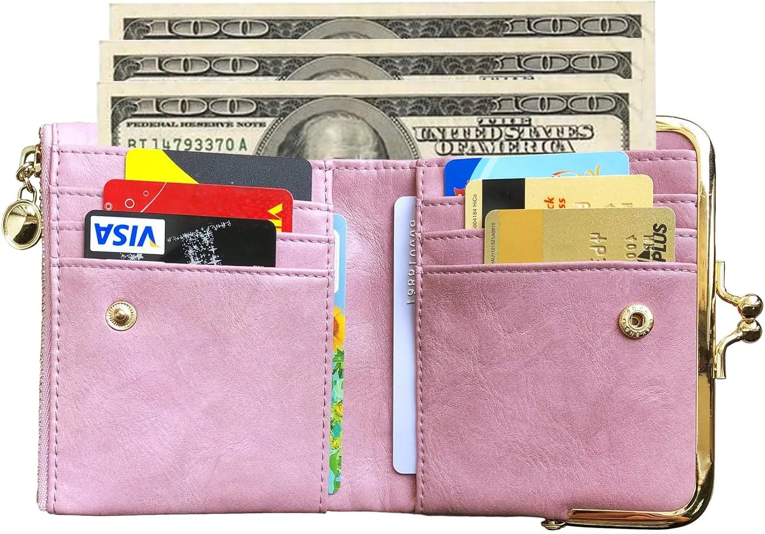 Womens Wallet Small Bifold Rfid Ladies Mini Vintage Coin Purse With Zipper and Kiss Lock (Pink)