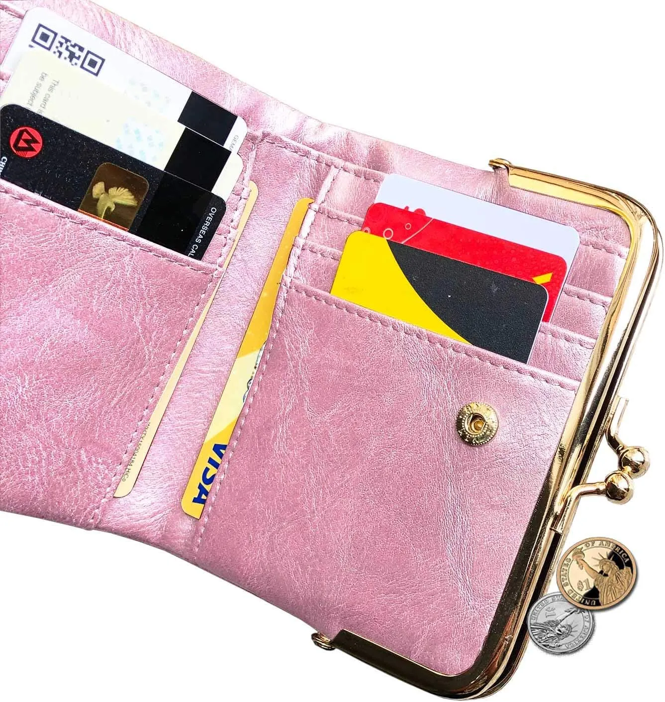Womens Wallet Small Bifold Rfid Ladies Mini Vintage Coin Purse With Zipper and Kiss Lock (Pink)