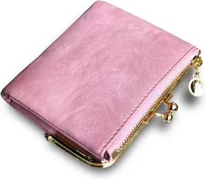 Womens Wallet Small Bifold Rfid Ladies Mini Vintage Coin Purse With Zipper and Kiss Lock (Pink)