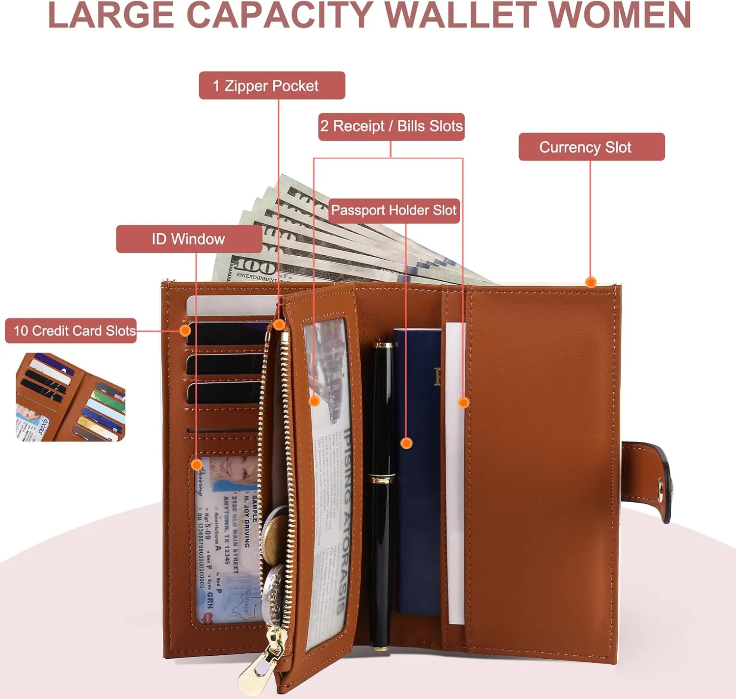 Women's Wallets RFID Blocking Leather Trifold Clutch Wallet Credit Card Holder Ladies Travel Wallet Purse with Pen Holder